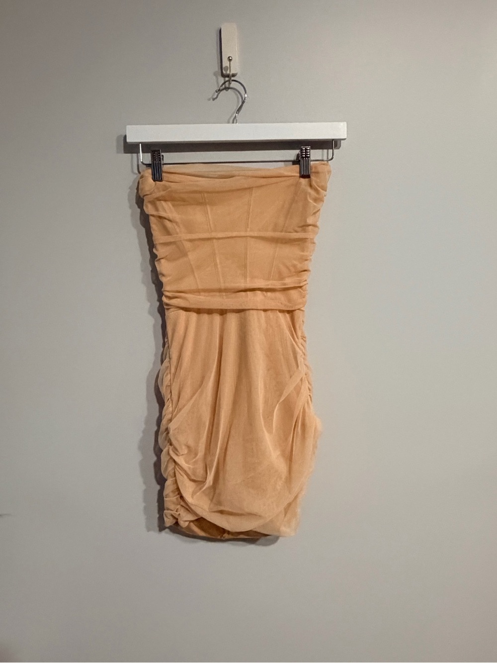 Oh Polly Nude Ruched Mesh Strapless Corset Mini Dress US 2